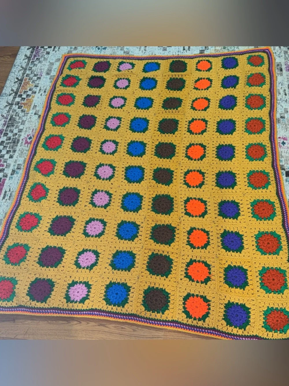 Handmade Mustard Yellow Crochet Granny Square Throw Blanket